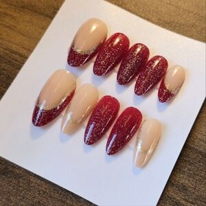 24 pcs red maroon cream french tip glitter Press on nails fall holiday